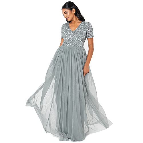 Maya Deluxe Damen Ballkleid Abendkleid V-ausschnitt Maxi Länge Pailletten Kurze Ärmel Für Hochzeit Geburtstag Brautjungfer Bridesmaid Dress, Misty Green, 56 EU von Maya Deluxe