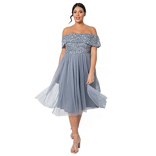 Maya Deluxe Damen Maya Deluxe Women's Bardot Dresses for Women Midi High Empire Waist Sequins Embellished Formal Eveni Bridesmaid Dress, Dusty Blue, 36 EU von Maya Deluxe