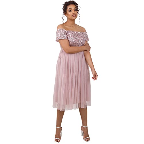 Maya Deluxe Damen Maya Deluxe Women's Bardot Dresses for Women Midi High Empire Waist Sequins Embellished Formal Eveni Bridesmaid Dress, Frosted Pink, 44 EU von Maya Deluxe