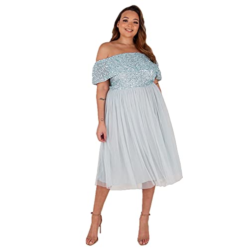 Maya Deluxe Damen Maya Deluxe Women's Bardot Dresses for Women Midi High Empire Waist Sequins Embellished Formal Eveni Bridesmaid Dress, Ice Blue, 40 EU von Maya Deluxe