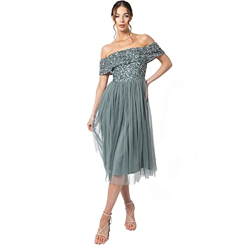 Maya Deluxe Damen Maya Deluxe Women's Bardot Dresses for Women Midi High Empire Waist Sequins Embellished Formal Eveni Bridesmaid Dress, Misty Green, 32 EU von Maya Deluxe