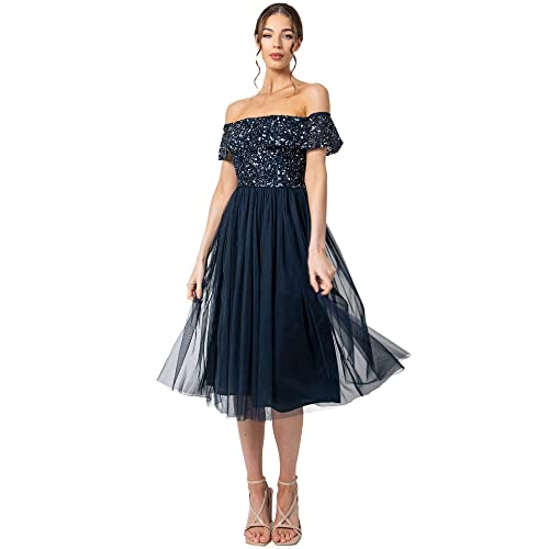 Maya Deluxe Damen Maya Deluxe Women's Bardot Dresses for Women Midi High Empire Waist Sequins Embellished Formal Eveni Bridesmaid Dress, Navy, 34 EU von Maya Deluxe