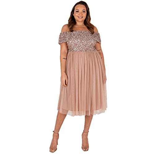 Maya Deluxe Damen Maya Deluxe Women's Bardot Dresses for Women Midi High Empire Waist Sequins Embellished Formal Eveni Bridesmaid Dress, Taupe Blush, 36 EU von Maya Deluxe