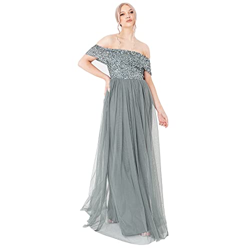 Maya Deluxe Damen Maya Deluxe Women's Bardot for Women Maxi Embellished Hight Empire Waist Sleveless Tulle W Bridesmaid Dress, Misty Green, 46 EU von Maya Deluxe