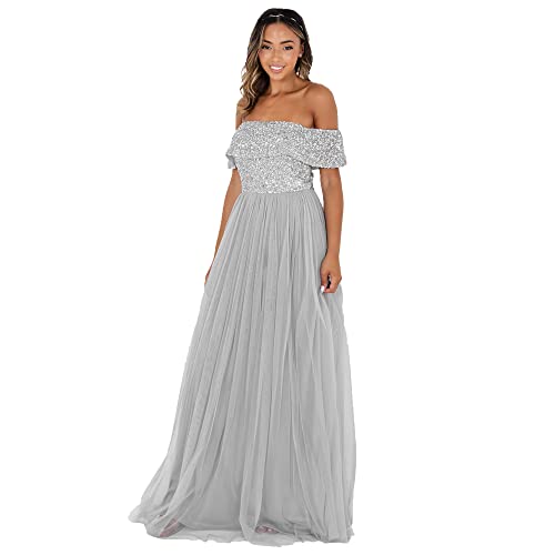 Maya Deluxe Damen Maya Deluxe Women's Bardot for Women Maxi Embellished Hight Empire Waist Sleveless Tulle W Bridesmaid Dress, Soft Grey, 44 EU von Maya Deluxe