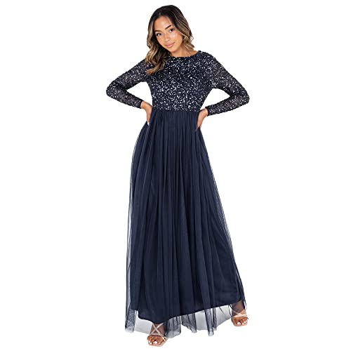 Maya Deluxe Damen Maya Deluxe Women's Dress for Wedding Guest Plus Size Empire High Waist Sequins Long Sleeve Evening Brautjungfernkleid, Navy, 50 EU von Maya Deluxe