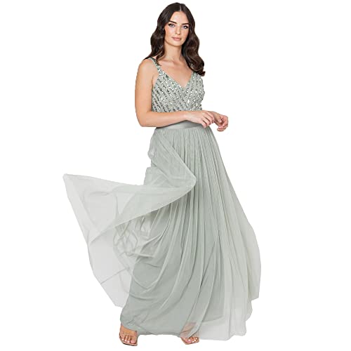 Maya Deluxe Damen Maxi Abendkleid Elegant Für Hochzeit Mit V-ausschnitt Tüllkleid Schleife Brautjungfernkleid, Green Lily, 46 EU von Maya Deluxe