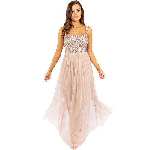 Maya Deluxe Damen Maya Deluxe Women's Maxi Dress Wide Straps Sleeveless Square Neckline Embellished for Wedding Guest Brautjungfernkleid, Taupe Blush, 48 EU von Maya Deluxe
