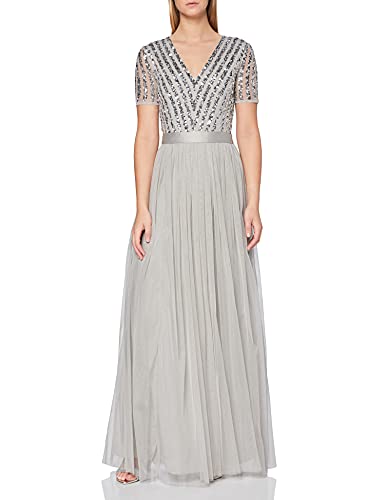 Maya Deluxe Damen Maya Deluxe Women's Maxi Ladies V-neck Plus Size Ball Gown Short Sleeves Long Elega Bridesmaid Dress, Soft Grey, 40 EU von Maya Deluxe