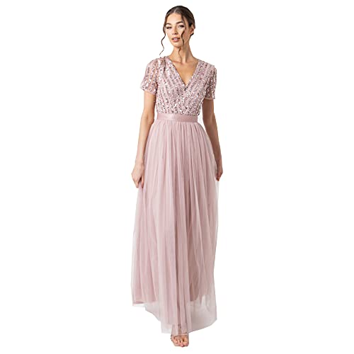 Maya Deluxe Damen Maya Deluxe Women's Maxi Ladies V-neck Plus Size Ball Gown Short Sleeves Long Elega Bridesmaid Dress, Taupe Blush, 44 EU von Maya Deluxe