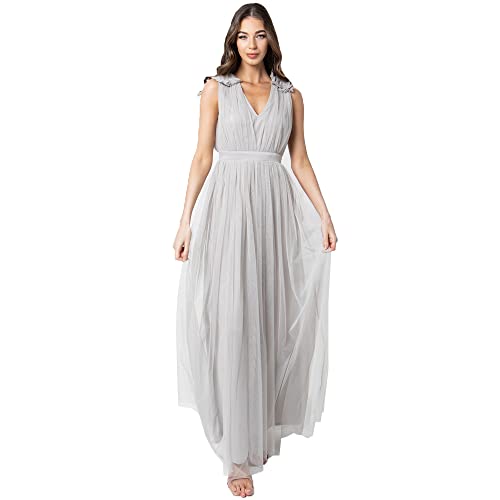 Maya Deluxe Damen Maya Deluxe Women's Maxi With Ruffle V Neck Sleeveless High Empire Waist Long Prom Guest Weddi Bridesmaid Dress, Soft Grey, 34 EU Maya Deluxe Damen Maya Deluxe Women's Maxi With Ruffle V Neck Sleeveless High Empire Waist Long Prom Guest Weddi Bridesmaid Dress, Soft Grey, 34 EU von Maya Deluxe