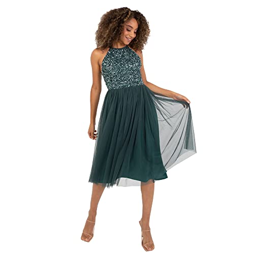 Maya Deluxe Damen Maya Deluxe Women's Midi Dress With Halter Neck Tulle for Evening Graduation Prom Wedding Bridesmaid Brautjungfernkleid, Emerald Green, 50 EU von Maya Deluxe