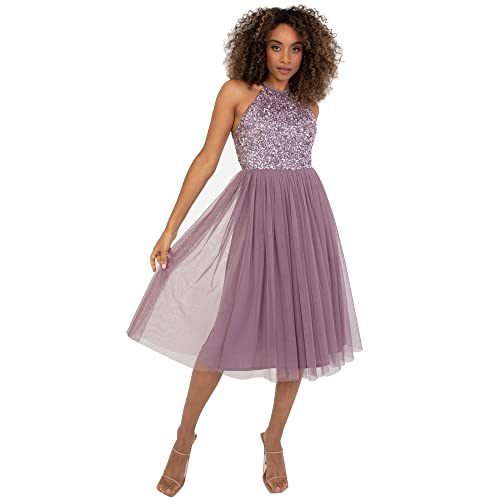 Maya Deluxe Damen Maya Deluxe Women's Midi Dress With Halter Neck Tulle for Evening Graduation Prom Wedding Bridesmaid Brautjungfernkleid, Moody Lilac, 36 EU von Maya Deluxe