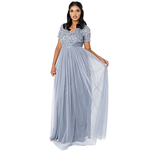 Maya Deluxe Damen Maya Deluxe Women's Prom Evening V-neck Maxi Length Sequins Short Sleeves for Wedding Bi Bridesmaid Dress, Blau, 44 EU von Maya Deluxe