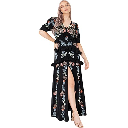 Maya Deluxe Damen Maya Deluxe Womens Dress For Ladies Maxi Short Sleeve Floral Embellishment Wedding Guest Prom Brides Kleid, Schwarz, 36 EU von Maya Deluxe