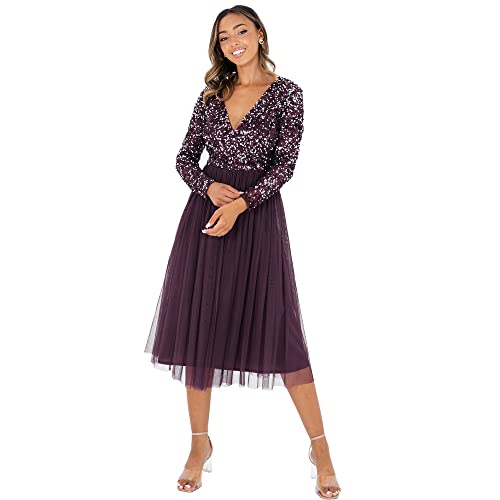 Maya Deluxe Damen Maya Faux Warp Front Versierd Midi Jurk Brautjungfernkleid, Berry, 54 EU von Maya Deluxe