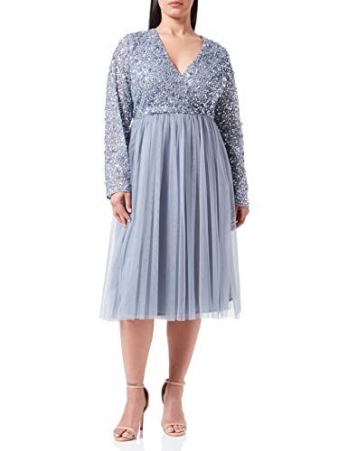 Maya Deluxe Damen Maya Faux Warp Front Versierd Midi Jurk Brautjungfernkleid, Dusty Blue, 54 von Maya Deluxe