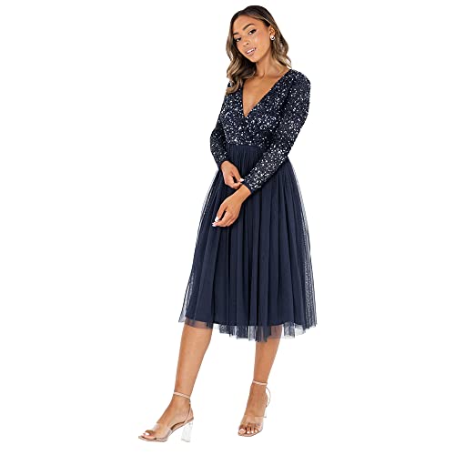 Maya Deluxe Damen Maya Faux Warp Front Versierd Midi Jurk Brautjungfernkleid, Navy, 56 EU von Maya Deluxe