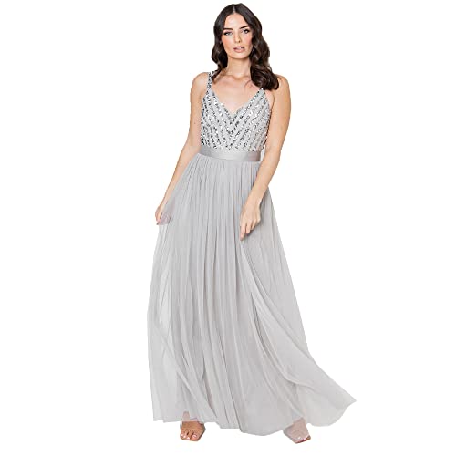 Maya Deluxe Damen Maya Sleeveless Stripe Embellished Maxi Dress Prom Kleid, Soft Grey, 56 EU von Maya Deluxe