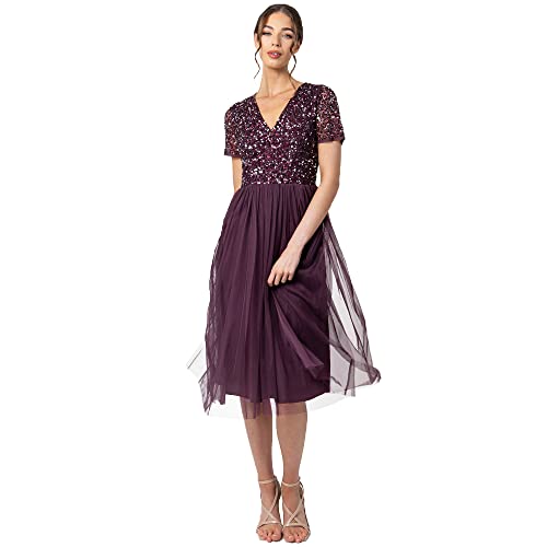 Maya Deluxe Damen Midi-Kleid mit V-Ausschnitt, Verziert Brautjungfernkleid, Beere, 36 von Maya Deluxe