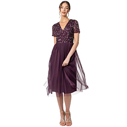 Maya Deluxe Damen Midi-Kleid mit V-Ausschnitt, Verziert Brautjungfernkleid, Beere, 44 von Maya Deluxe