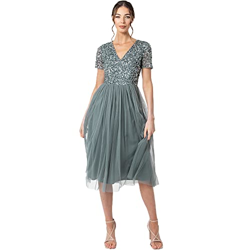 Maya Deluxe Damen Midi-Kleid mit V-Ausschnitt, Verziert Brautjungfernkleid, Grün (Misty Green), 34 ( Hersteller size : 6 ) von Maya Deluxe