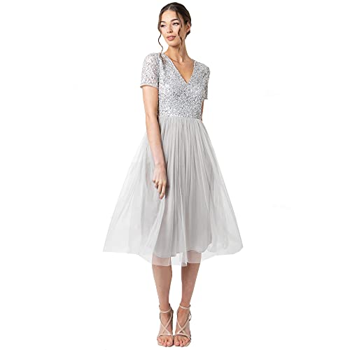 Maya Deluxe Damen Midi-Kleid mit V-Ausschnitt, Verziert Brautjungfernkleid, Soft Grey, 34 EU (US 02) von Maya Deluxe