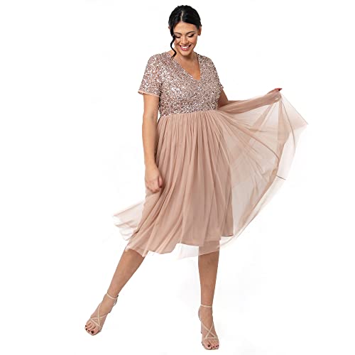 Maya Deluxe Damen Midi-Kleid mit V-Ausschnitt, Verziert Brautjungfernkleid, Taupe Blush, 40 von Maya Deluxe