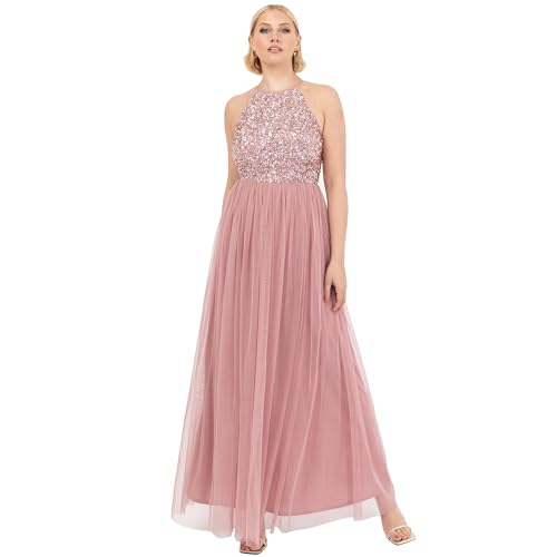 Maya Deluxe Damen Womens Ladies Bridesmaid Maxi Dress Halter Neck Sequin Embellished Prom Graduation Wedding Brautjungfernkleid, Vintage Rosenmuster, 46 von Maya Deluxe