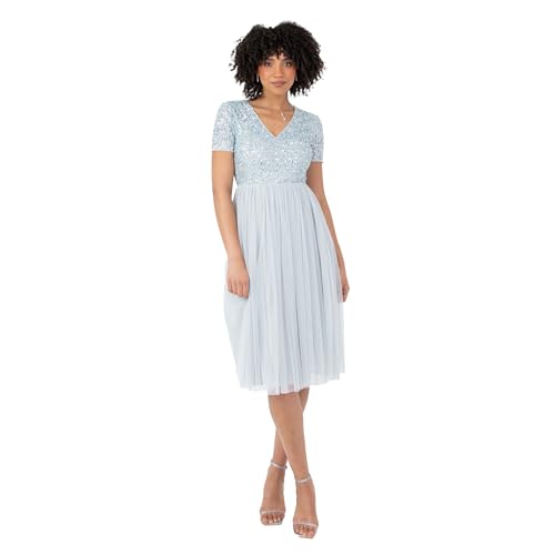 Maya Deluxe Damen Robe Soirée Midi Ornée D'un Col En V À Manches Courtes Pour Bal De Fin D'année, Mariage Brautjungfernkleid, Hellblau, 34 von Maya Deluxe