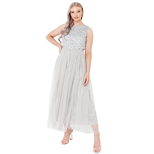 Maya Deluxe Vrouwen Midaxi Jurk Dames Mouwloze Pailletten Hoge Empire Taille Tule Versierd voor Bruiloft Gast Bal Bruidsmeisje, Bessen, 48 von Maya Deluxe