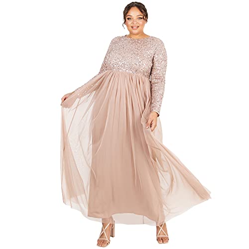 Maya Deluxe Women's Damen Kleid für Hochzeitsgast Übergröße Groß Reich Hohe Taille Pailletten Langarm Lang Abschlussball Abend Bridesmaid Dress, Taupe Blush, 48 EU von Maya Deluxe