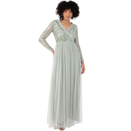 Maya Deluxe Damen Tüllkleid mit V-Ausschnitt und Langen Ärmeln für Hochzeit, Brautjungfer, Abschlussball Kleid, Grüne Lilie, 42 von Maya Deluxe