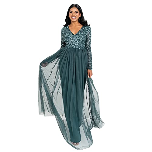 Maya Deluxe Damen Women's Dress Long Sleeve for Wedding Guest V Neck High Empire Waist Maxi Long Length Evening Brides Kleid, Emerald Green, 34 EU von Maya Deluxe