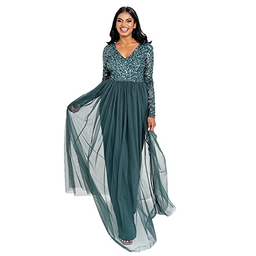 Maya Deluxe Damen Women's Dress Long Sleeve for Wedding Guest V Neck High Empire Waist Maxi Long Length Evening Brides Kleid, Emerald Green, 50 EU von Maya Deluxe