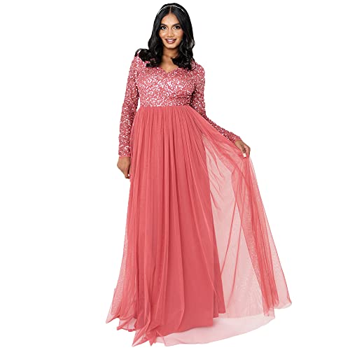 Maya Deluxe Damen Women's Dress Long Sleeve for Wedding Guest V Neck High Empire Waist Maxi Long Length Evening Brides Kleid, Vermillion, 34 EU von Maya Deluxe