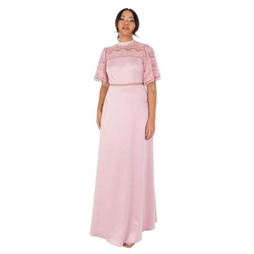 Maya Deluxe Damen Women's Ladies Maxi Dress Flutter Sleeve Round Neck Lace Trim Satin for Wedding Guest Evening Occasion Prom Ball Gown Kleid, Blush Pink, 32 von Maya Deluxe