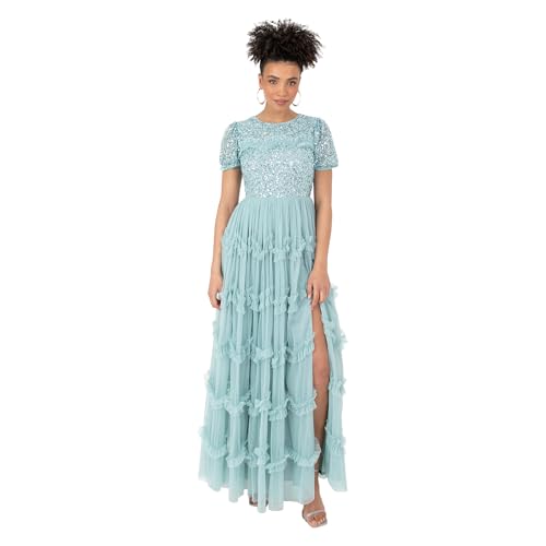 Maya Deluxe Damen Women's Ladies Maxi Dress Round Neck Short Puff Sleeve Sequin Embellished Ruffle A-line Bridesmaid Prom Ball Gown Kleid, Turquoise, 46 von Maya Deluxe