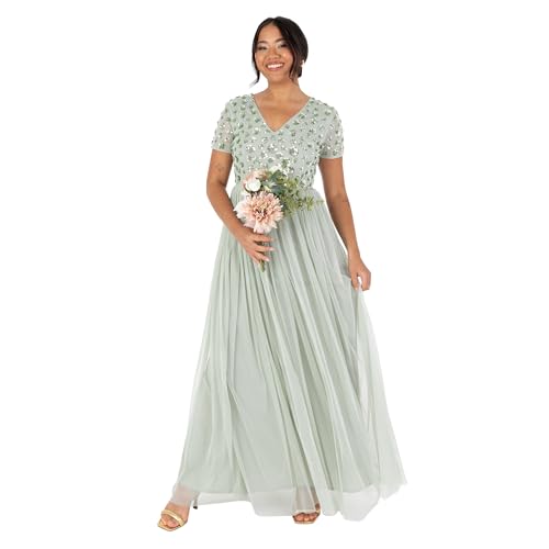 Maya Deluxe Damen Women's Ladies Maxi Dress Sequin Embellished Floral V-Neck Short Sleeve Tulle Skirt A-line for Wedding Guest Ball Gown Kleid, Green Lily, von Maya Deluxe