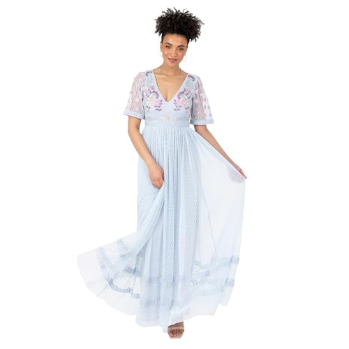 Maya Deluxe Damen Women's Ladies Maxi Dress Short Puff Sleeve V-Neck Floral Embroidered Tulle Lace Keyhole Back Ruffle Empire A-line Prom Kleid, Baby Blue, 36 von Maya Deluxe