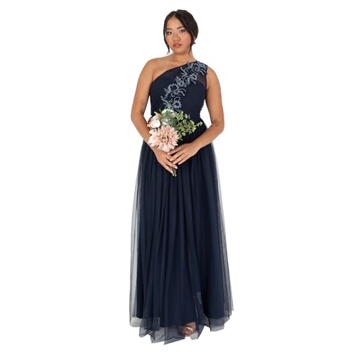Maya Deluxe Damen Women's Ladies Maxi Dress Sleeveless One Shoulder Sequin Embellished Tulle Split Slit A-line For Evening Prom Ball Gown Kleid, Navy Blue, 50 EU von Maya Deluxe