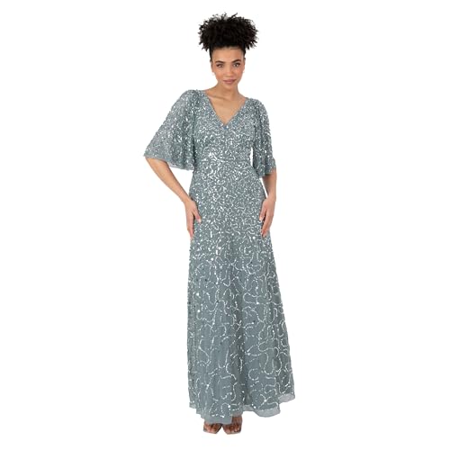Maya Deluxe Damen Women's Ladies Maxi Dress V-Neck Short Angel Sleeve Sequin Embellished A-line Bridesmaid Wedding Guest Prom Ball Gown Kleid, Misty Green, 42 von Maya Deluxe