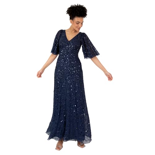 Maya Deluxe Damen Women's Ladies Maxi Dress V-Neck Short Angel Sleeve Sequin Embellished A-line Bridesmaid Wedding Guest Prom Ball Gown Kleid, Navy Blue, 54 von Maya Deluxe