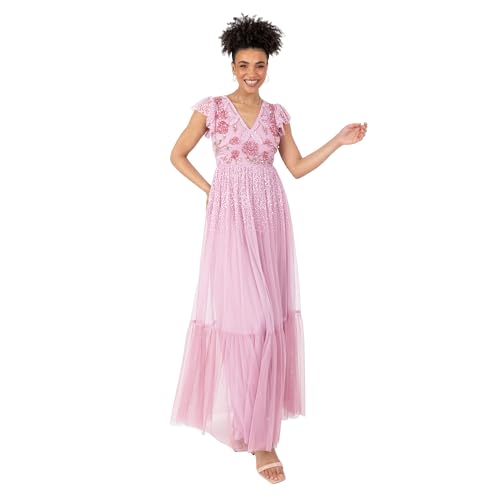 Maya Deluxe Damen Women's Ladies Maxi Dress V-Neck Short Flutter Sleeves Floral Sequin Embellished Tulle A-line Wedding Guest Bridesmaid Kleid, Cherry Blossom, 38 von Maya Deluxe
