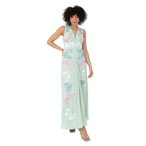 Maya Deluxe Damen Women's Ladies Maxi Dress V-Neckline Sleeveless Floral Sequin Embellished Button Front Slit for Wedding Guest Occasion Kleid, Mint Green, 32 von Maya Deluxe