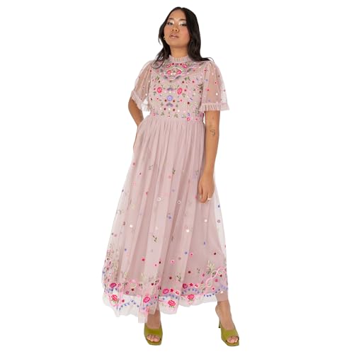 Maya Deluxe Damen Women's Ladies Midaxi Dress Short Sleeve Ruffle High Neck Embroidered A-line for Wedding Guest Occasion Prom Ball Gown Kleid, Frosted Pink, 46 EU von Maya Deluxe