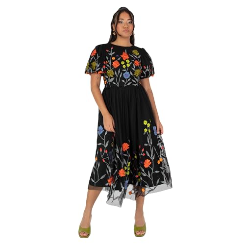 Maya Deluxe Damen Women's Ladies Midi Dress Black Short Puff Sleeves Round Neck Floral Embroidered Open Back Tie A-line Occasion Evening Kleid, Black, von Maya Deluxe