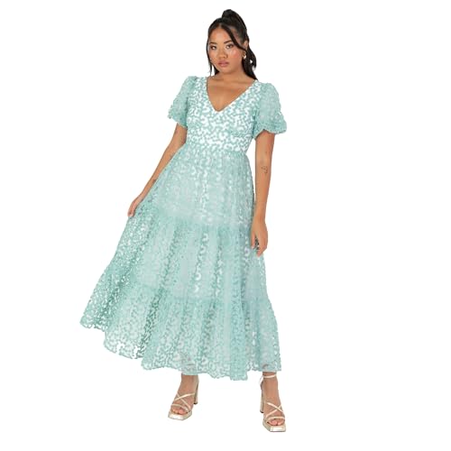 Maya Deluxe Damen Women's Ladies Midi Dress V-Neck Short Puff Sleeves Keyhole Back Floral Embroidery Tie Bow A-line for Wedding Guest Prom Kleid, Vert Menthe, 44 von Maya Deluxe
