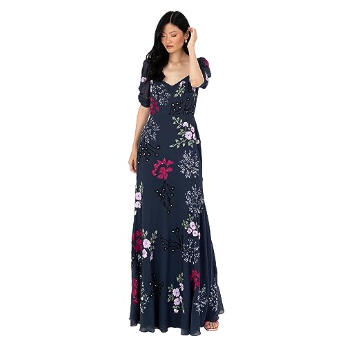 Maya Deluxe Damen Women's Maxi Dress Ladies Embroidered Sweetheart Neckline Ruched Sleeves for Wedding Guest Bridesmaid Prom Ball Gown Kleid, Navy, 48 von Maya Deluxe