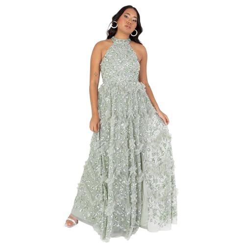 Maya Deluxe Damen Women's Maxi Dress Ladies Halterneck Sleeveless Sage Sequin Embellished Ruffles Split Slit A-line Evening Ball Gown Kleid, Green Lily, 50 EU von Maya Deluxe